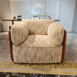 White Plush & Striped Fabric Sofa Set with Leather Panel Craftsmanship, Gold Stainless Steel Button Details & Curved Wooden Frames